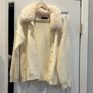 Central Park West Ivory Cardigan with Faux Fur Collar
